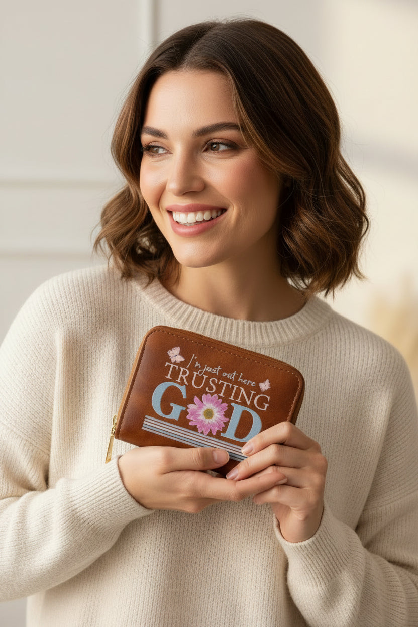 small wallet Brown with text and floral design on a white backgrounds