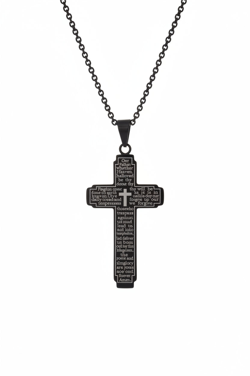 Men Black cross pendant with engraved text on a gray background