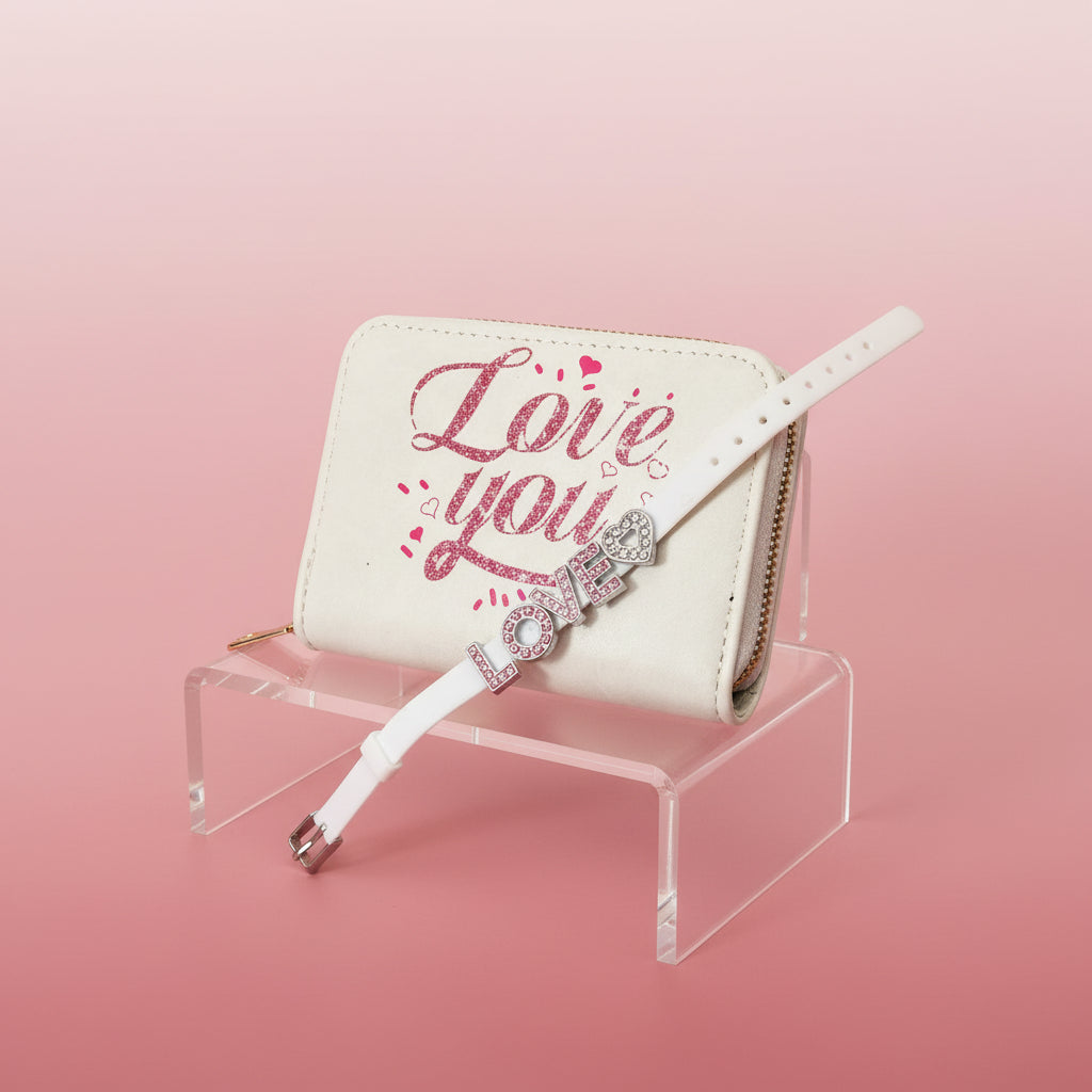 Small beige purse with 'Love you' text and heart designs on a light gray background
