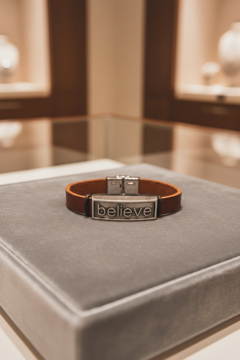 Brown leather bracelet with metal 'believe' tag on a blue cushion