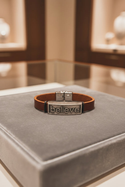 Brown leather bracelet with metal 'believe' tag on a blue cushion