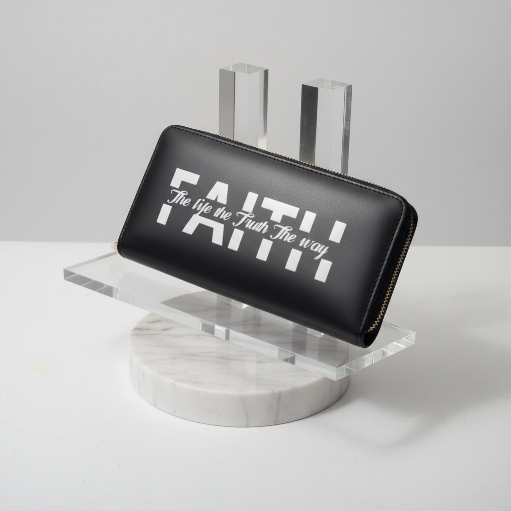 Black wallet with 'FAITH The life The Truth The way' text on a white background