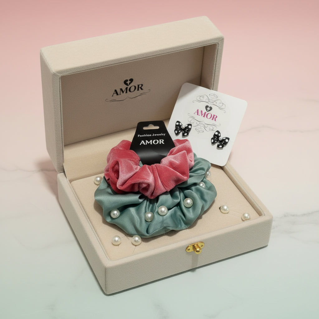 Bow Earrings & Pearl Scrunchie Women's Gift Set