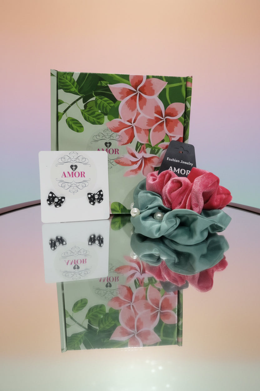 Bow Earrings & Pearl Scrunchie Women's Gift Set