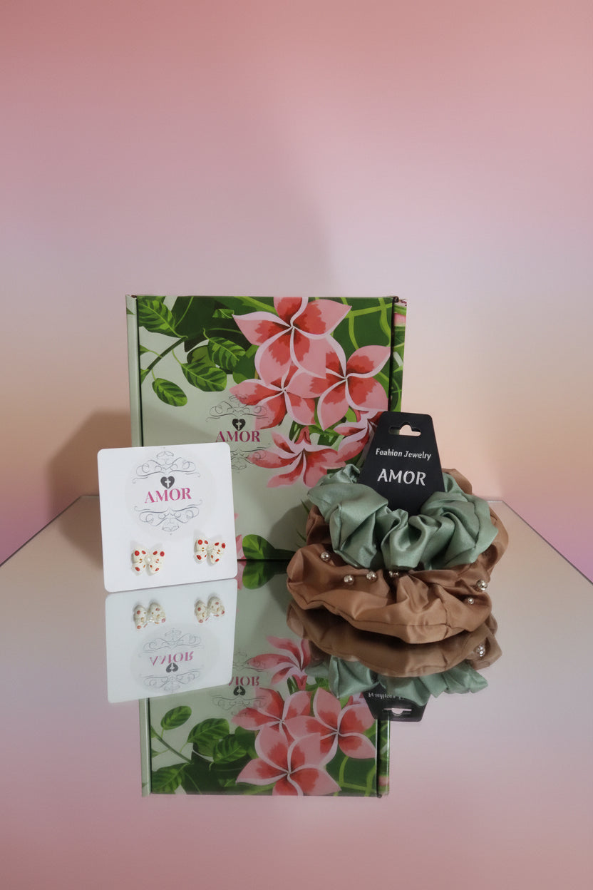 Red Bow Earrings & Pearl Scrunchie Women's Gift Set