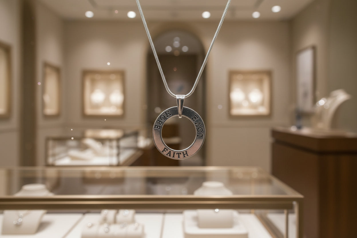 Necklace with a circular pendant Hope Faith Love on It  on a white surface
