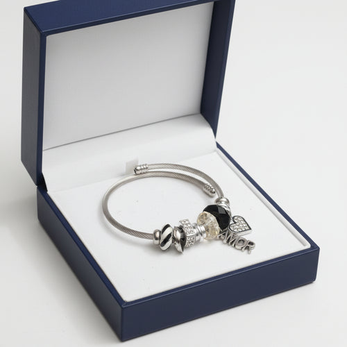 Silver bracelet with various charms on a white background