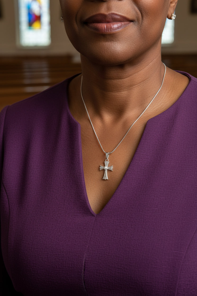 tiny cross pearl silver necklace
