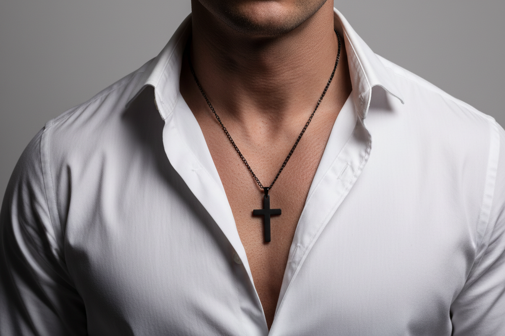 Black Cross Necklace - Men's Neck Shot