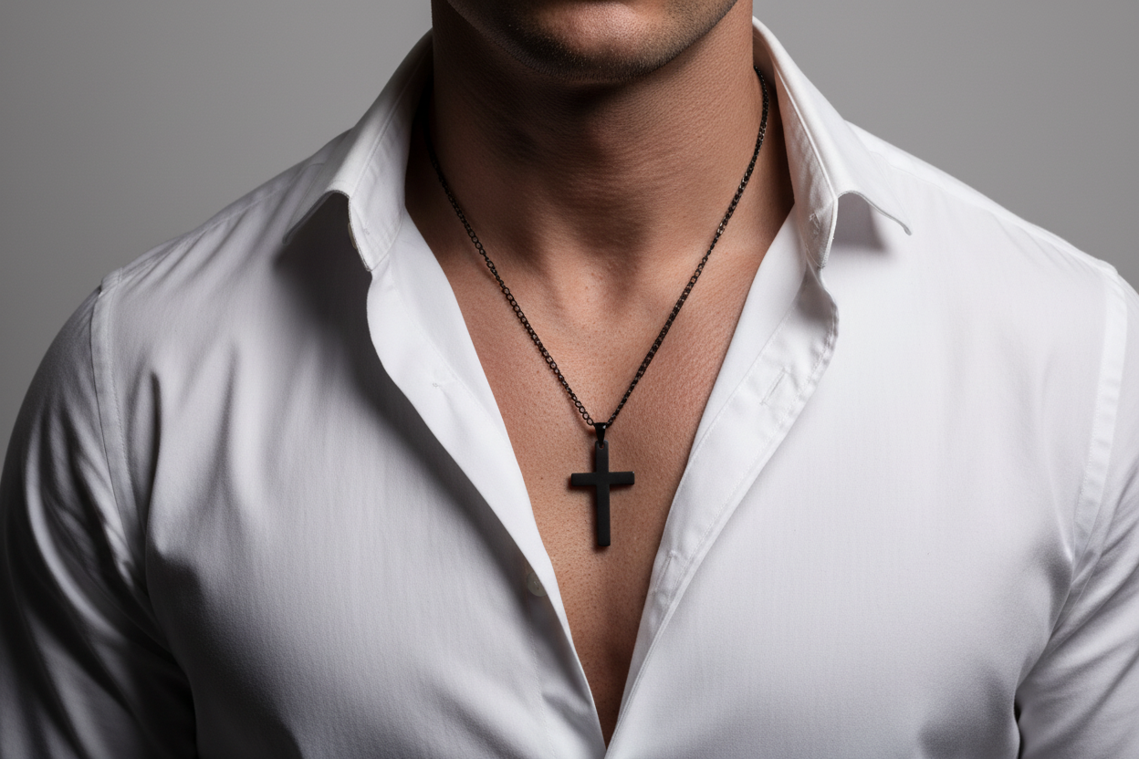 Black Cross Necklace - Men's Neck Shot