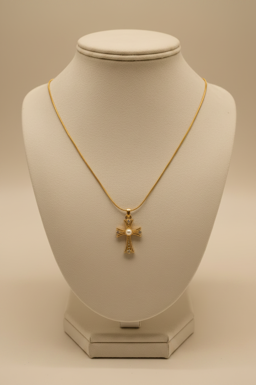 Gold Pearl Cross - Full Bust Display Zoomed Out
