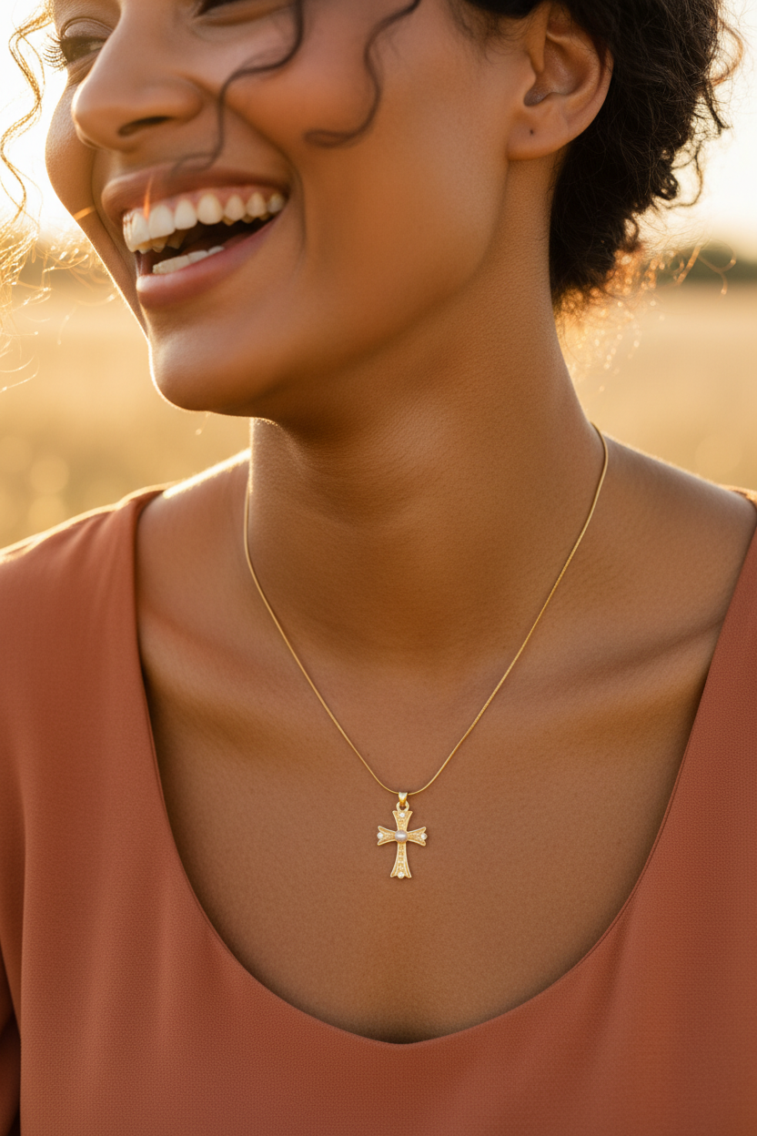Gold Pearl Cross - Lifestyle Mixed Race Model