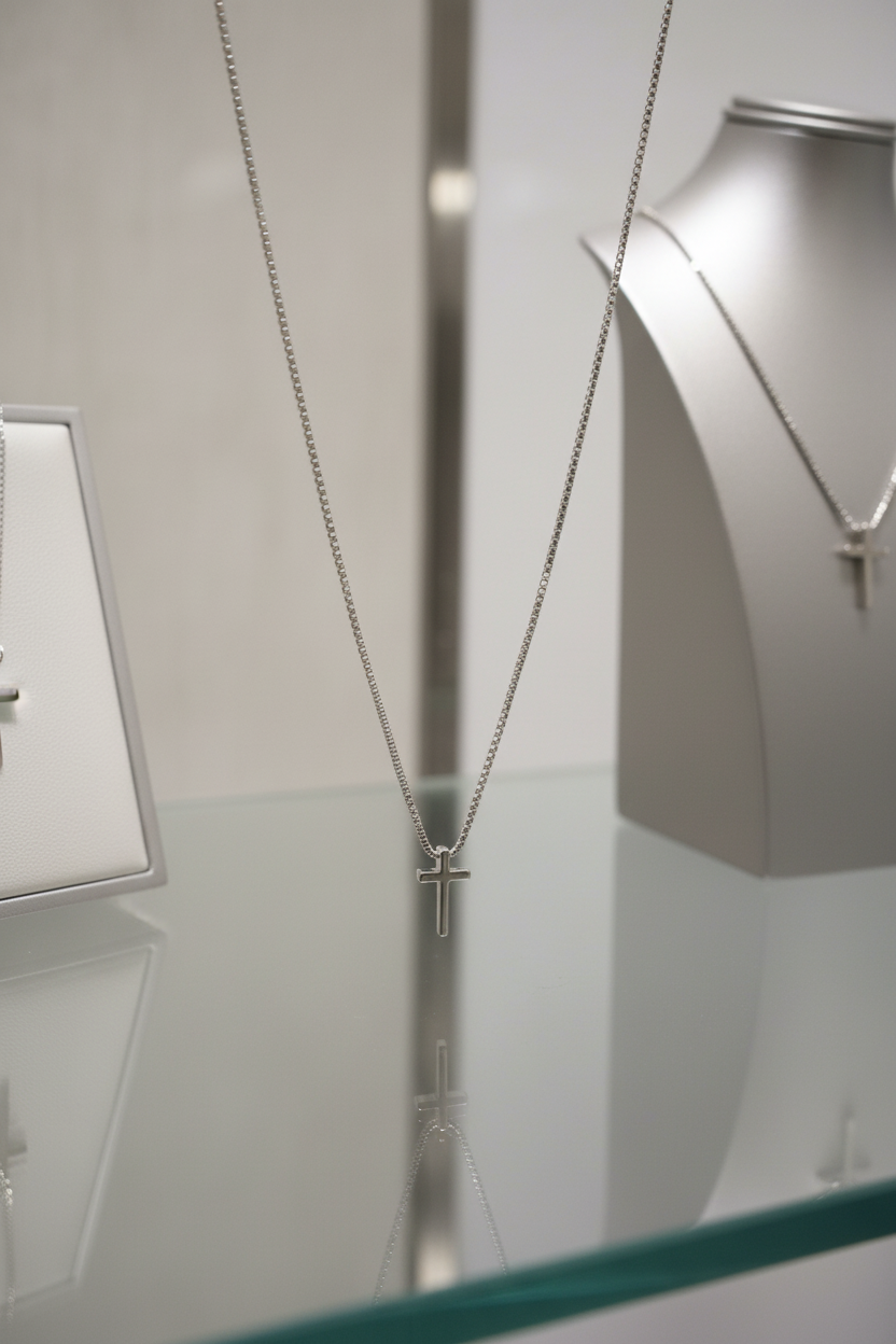 Grace Bear - Tiny Silver Cross Necklace Display