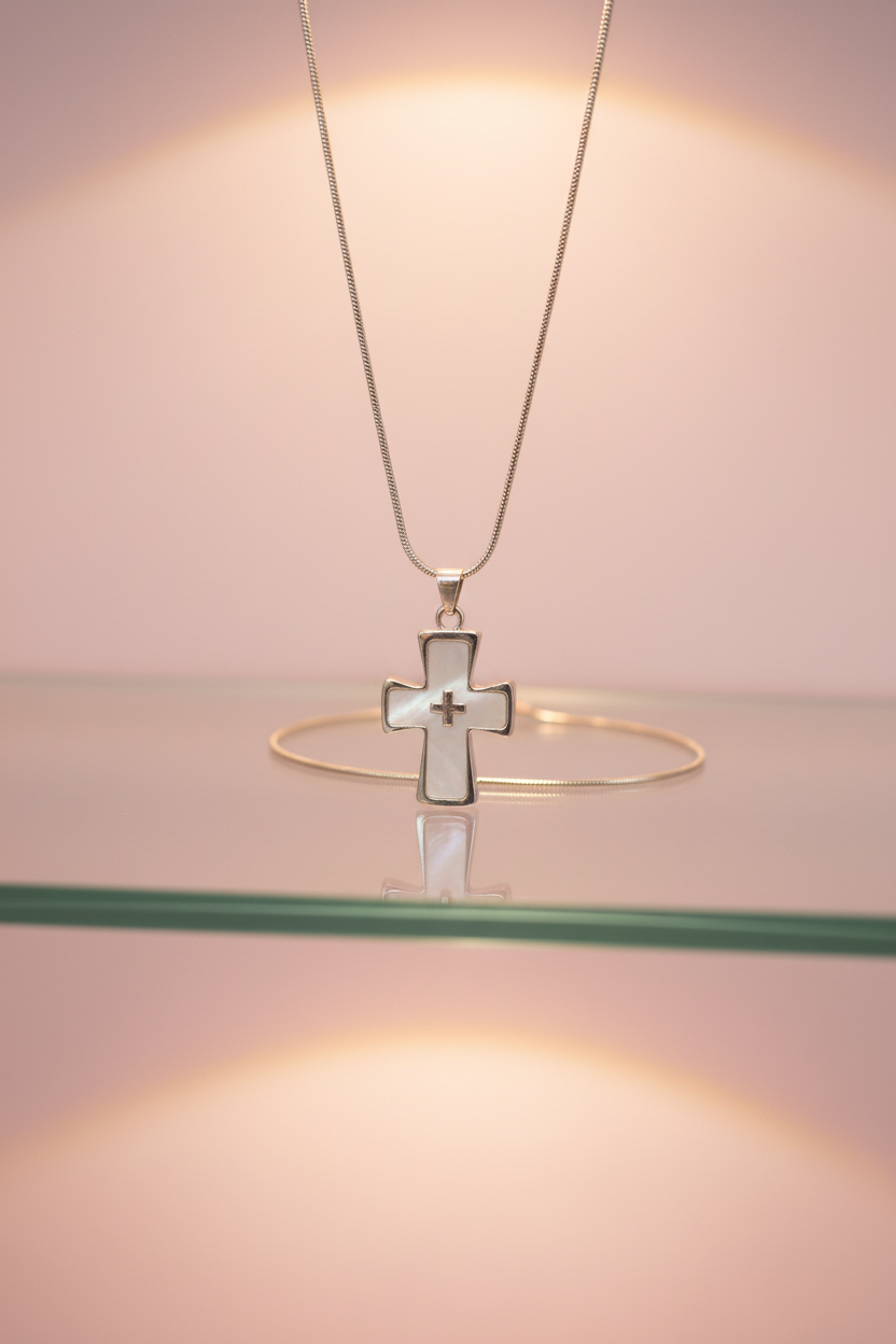 Grace Bear - White Mother of Pearl Cross Necklace Display