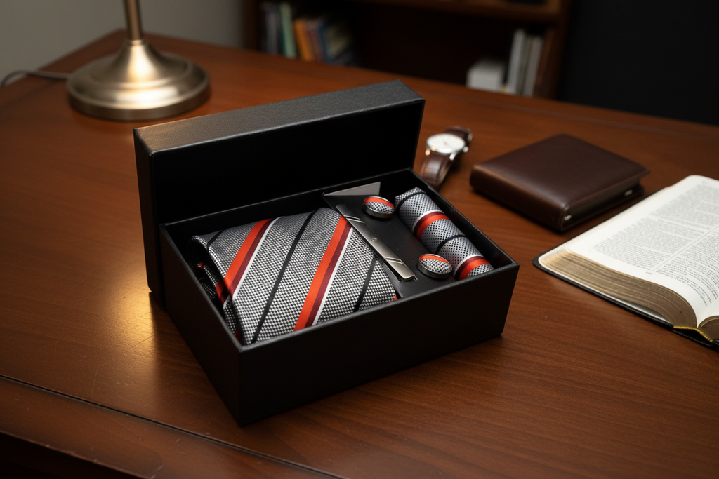 Grey & Red Striped Tie & Cufflink Men's Gift Set