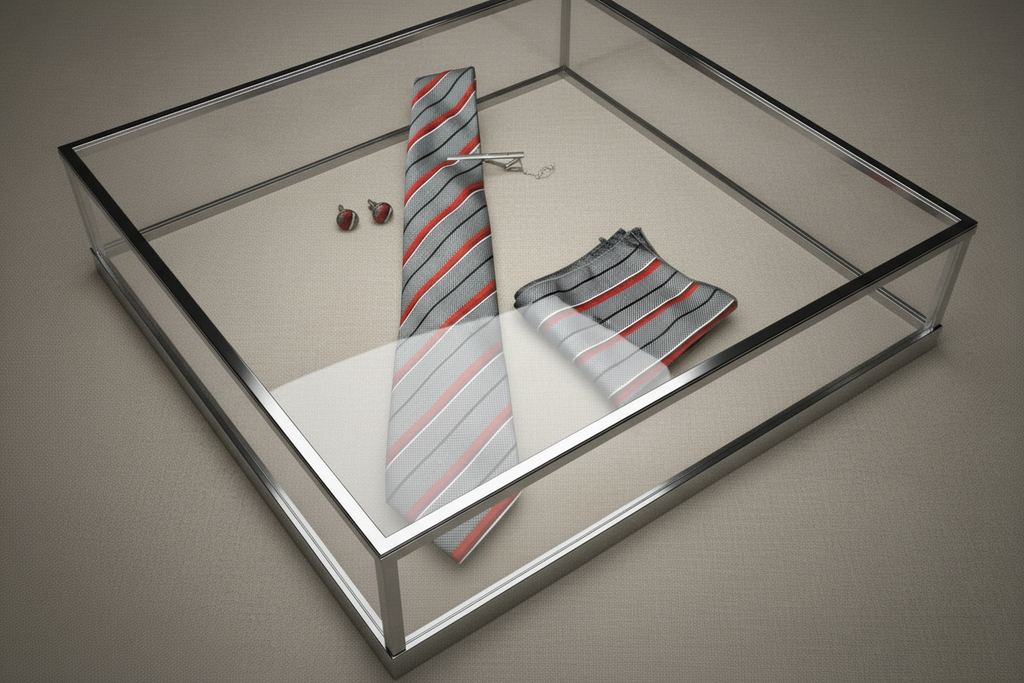 Grey Red Striped Tie Gift Set - Flat Lay