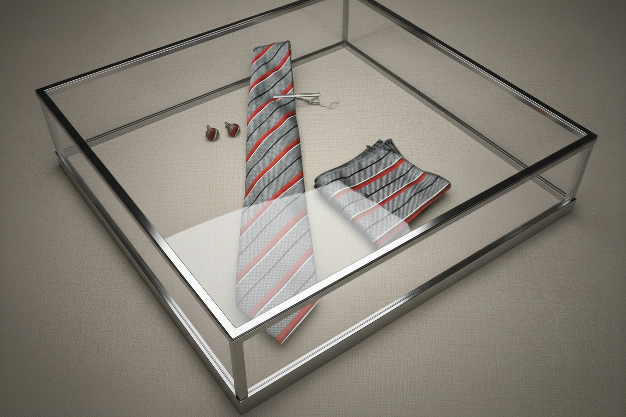 Grey Red Striped Tie Gift Set - Flat Lay