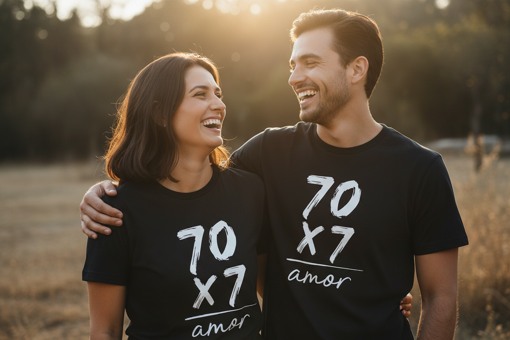 Black t-shirt with white text '70 x 7 amor' on a gray background