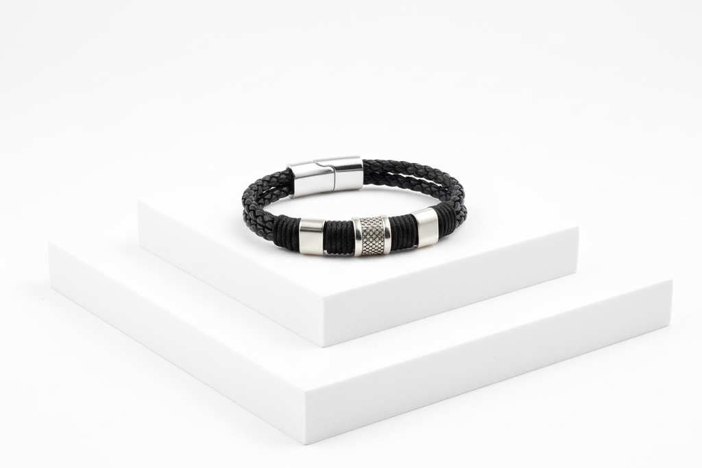 Black and silver magnetic closure men's bracelet - enhanced premium photo