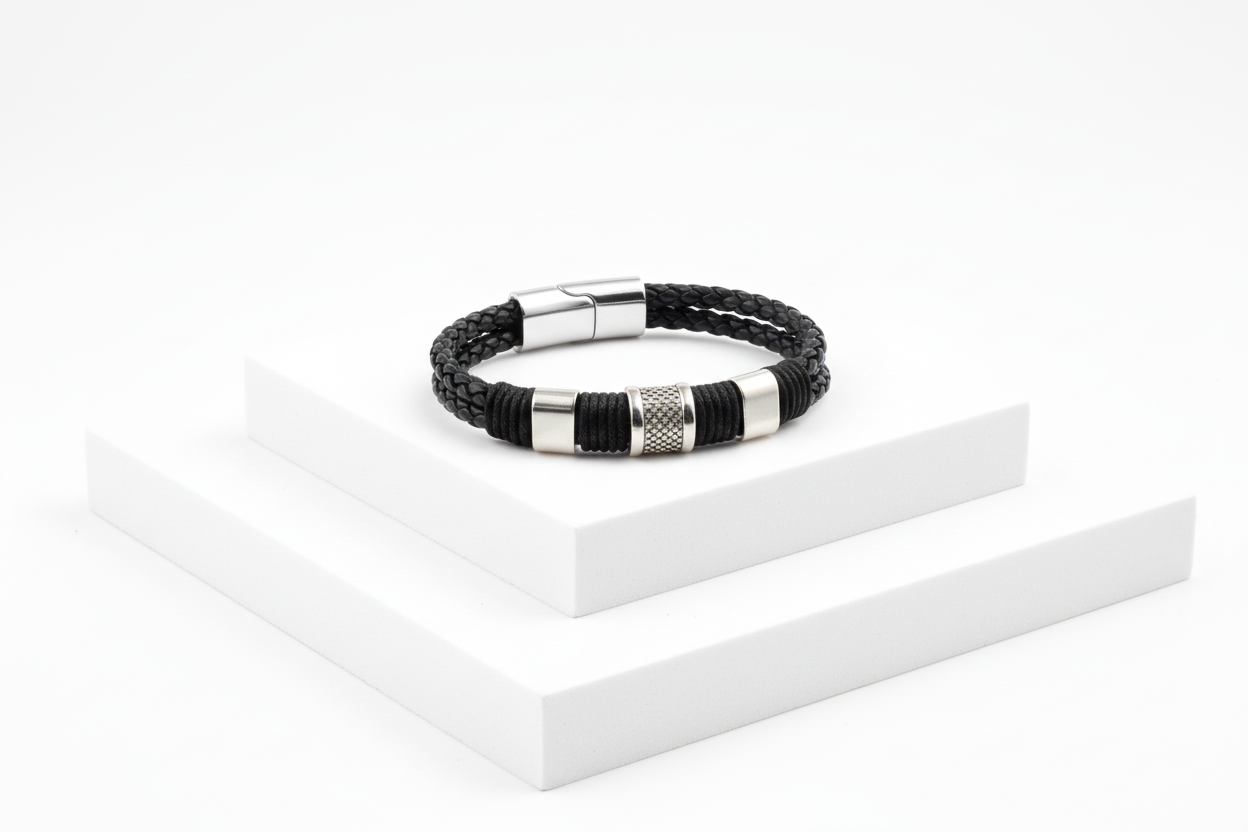 Black and silver magnetic closure men's bracelet - enhanced premium photo