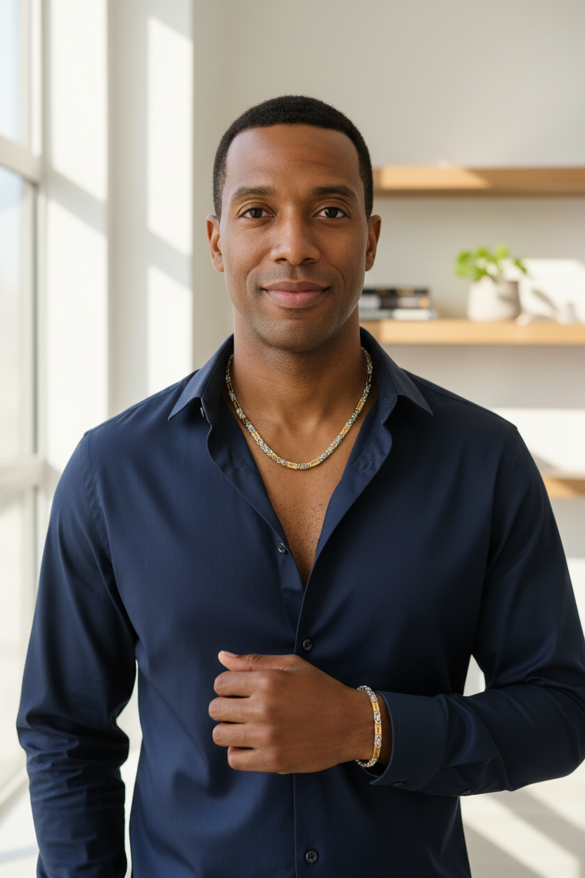 Man wearing Byzantine cross link necklace and bracelet set