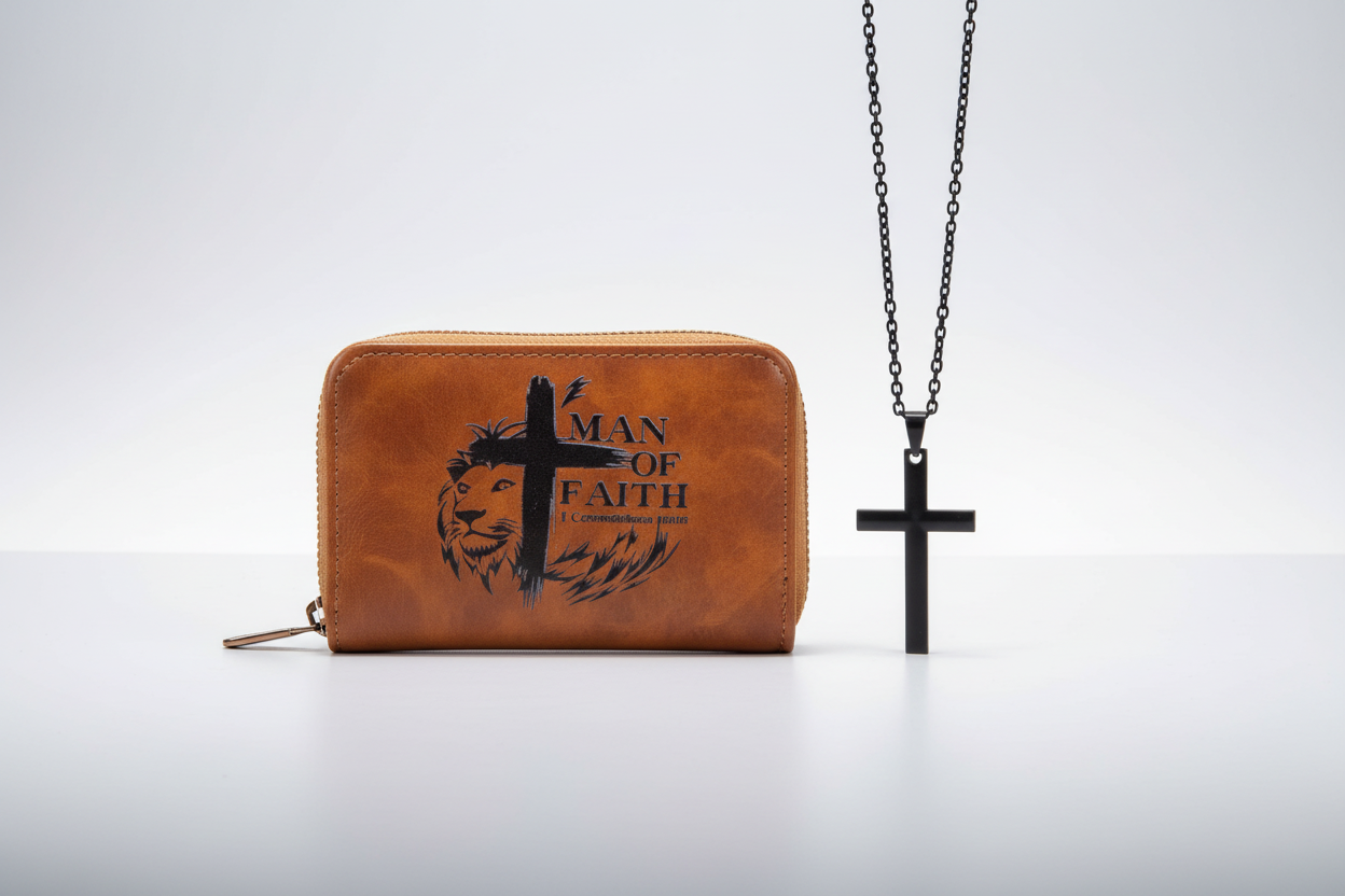 Man of Faith leather wallet and black cross necklace gift set on light background