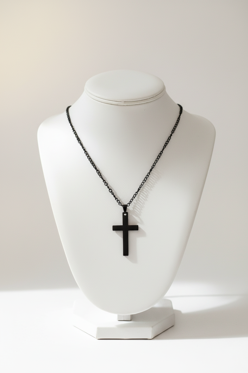 Matte Black Cross Necklace on Elegant Jewelry Stand